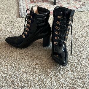 Black Booties 3 inch Heel Gold Detail Lace Up Size 8